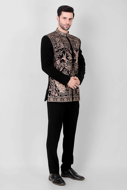 Men’s Bandhgala – Japanese Lycra in Black with Royal Palace Theme Embroidery | One Man Show