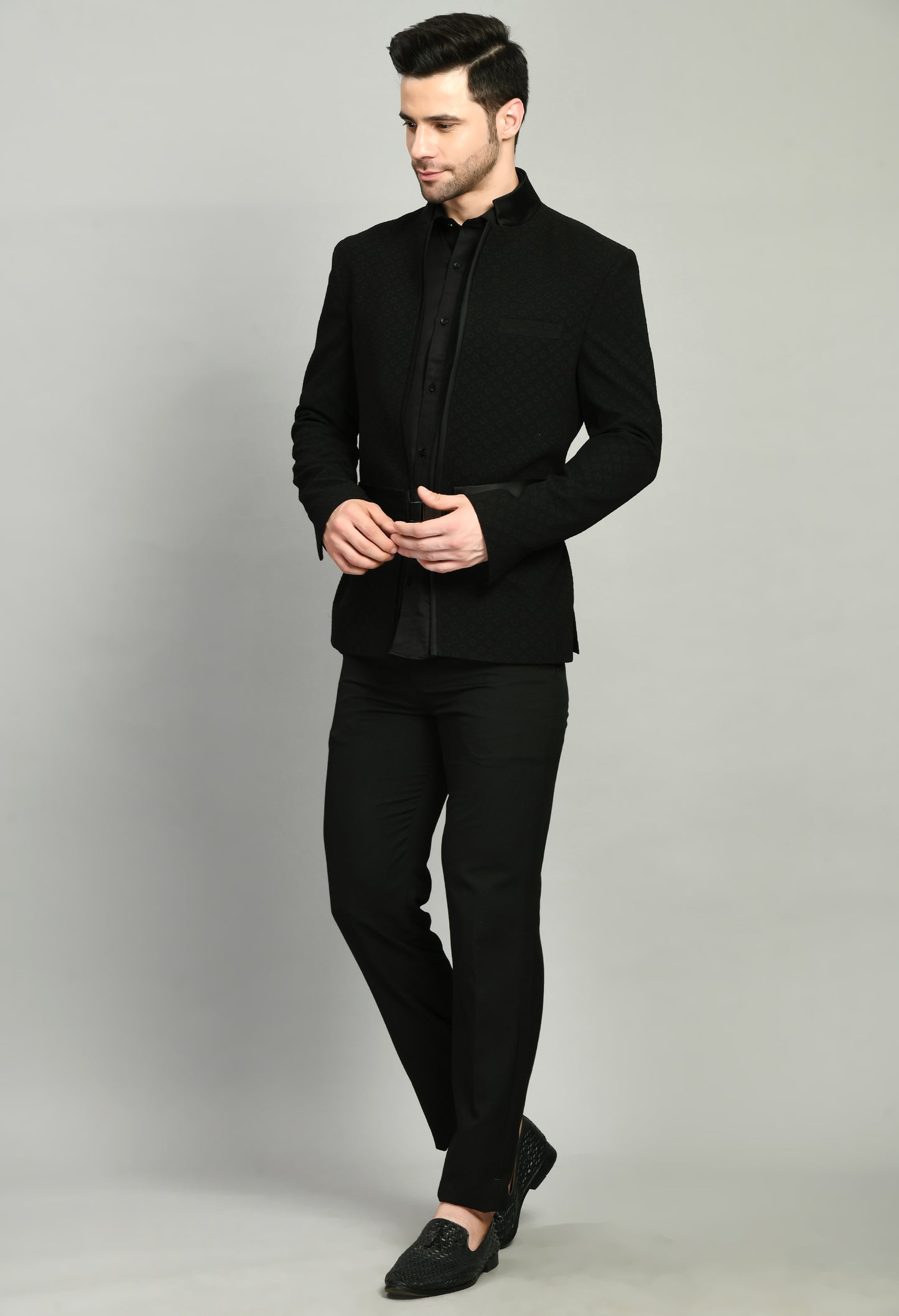 Front view - Men’s Tuxedo – Poly Jaquard in Black with Designer Front Open and Waist Belt
