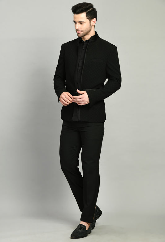 Front view - Men’s Tuxedo – Poly Jaquard in Black with Designer Front Open and Waist Belt