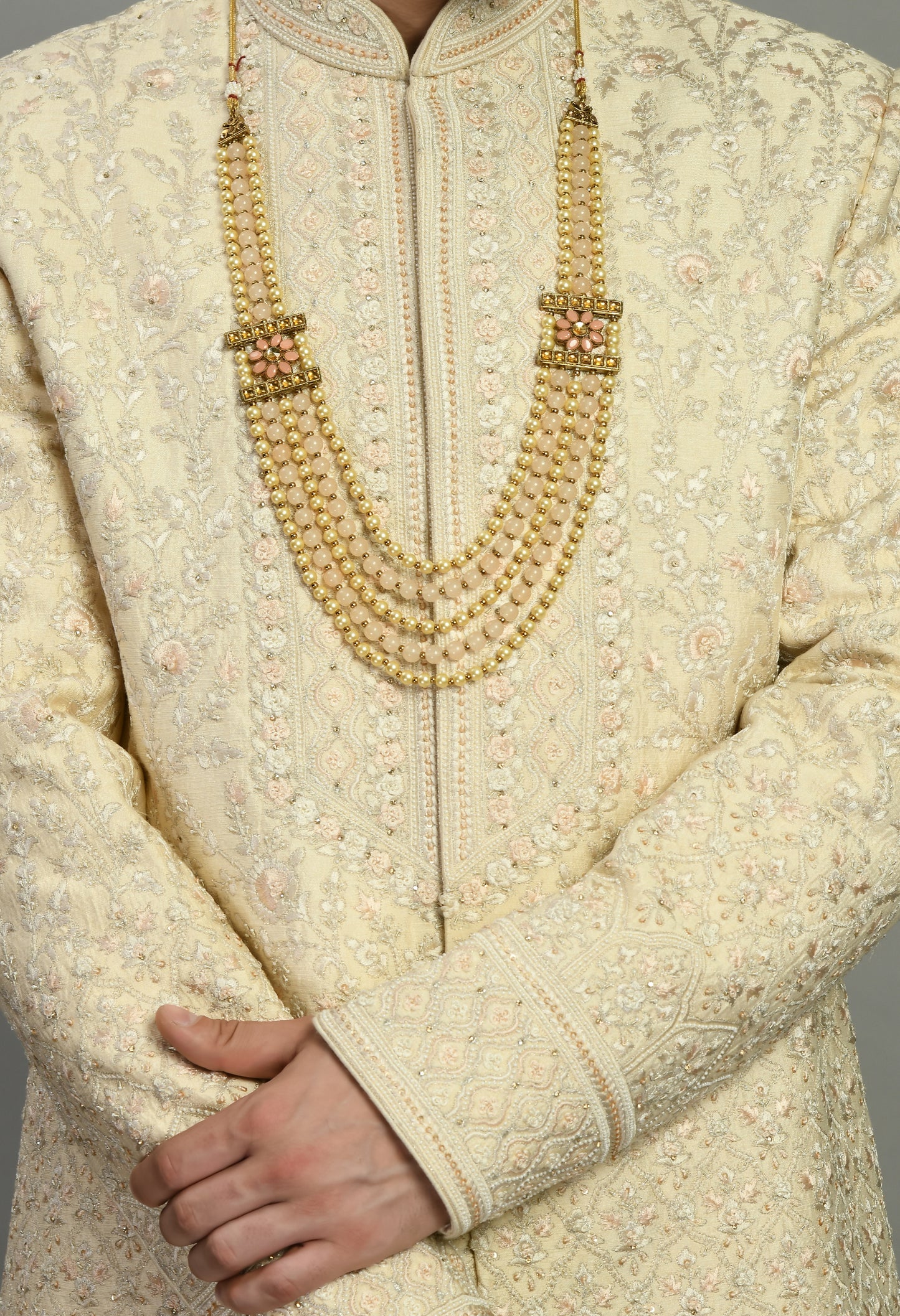 Back view - Men’s Sherwani – Silk in Cream with Detailed Hand Embroidery