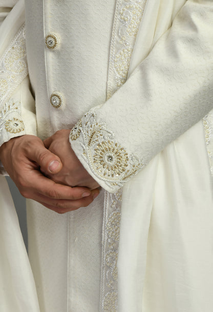Men’s Sherwani – Silk in Ivory with Detailed Hand Embroidery | One Man Show
