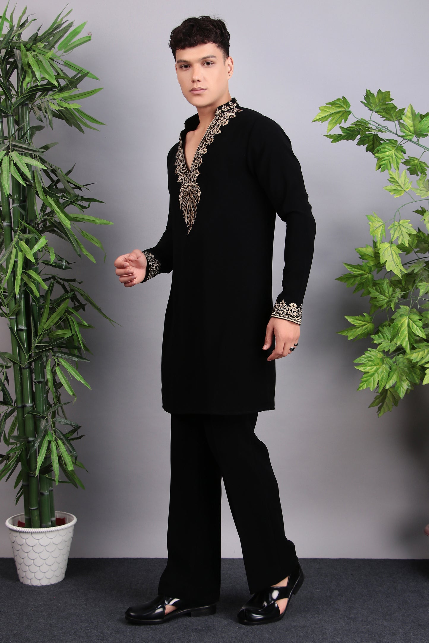 Side view - Men’s Kurta Set – Korean Wrinkle-Free in Black with Golden Zari Thread Embroidery