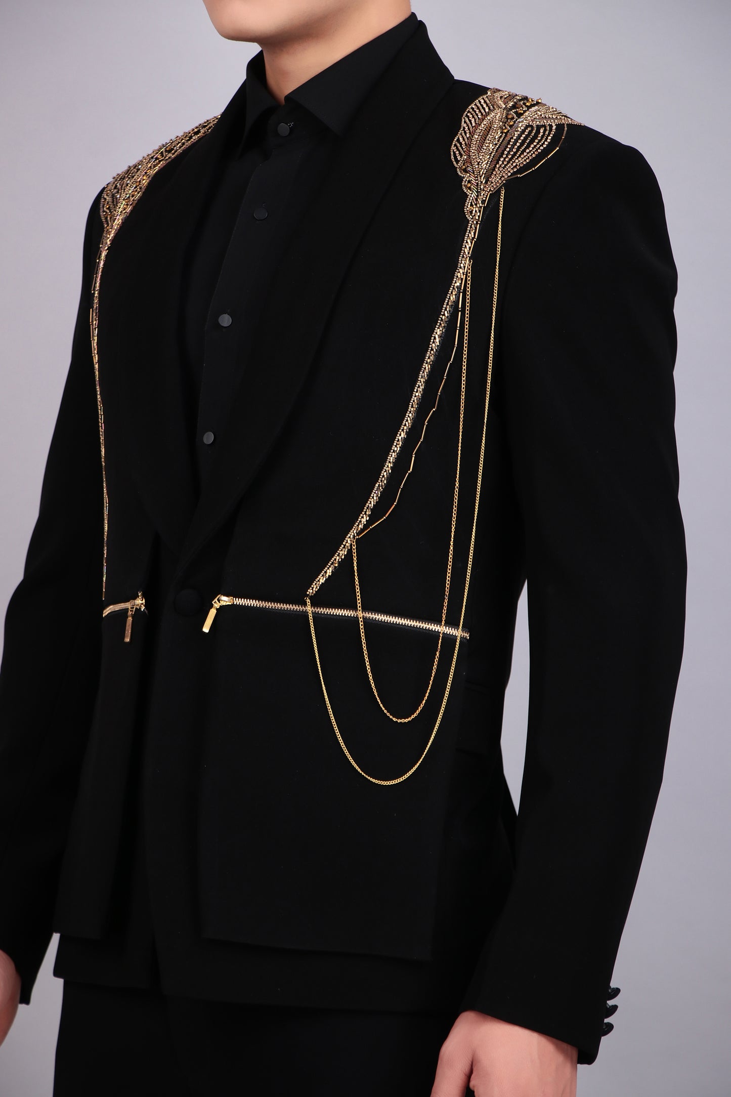 Men’s Tuxedo – Japanese Lycra in Black with Golden Embroidery | One Man Show