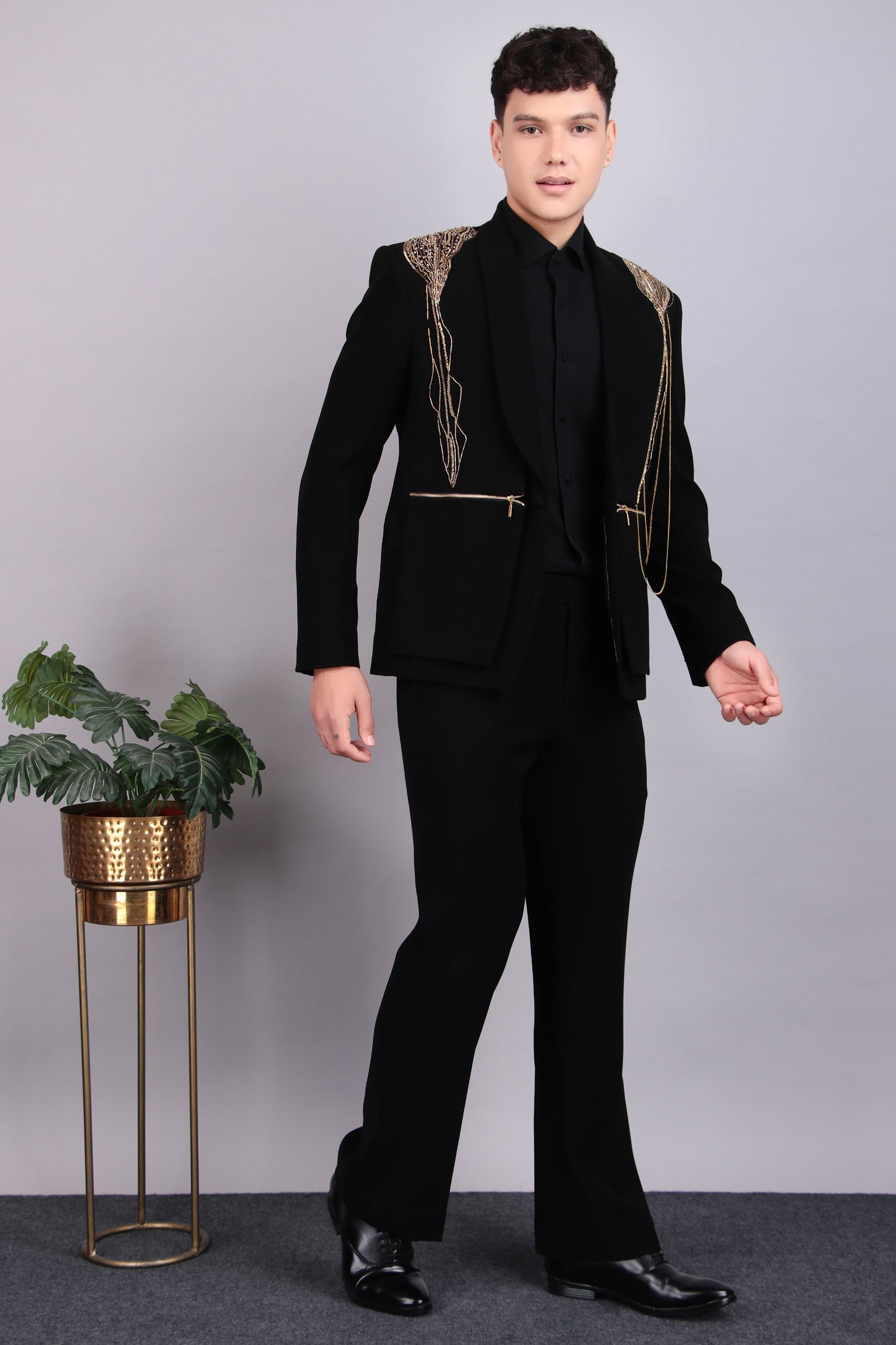 Men’s Tuxedo – Japanese Lycra in Black with Golden Embroidery | One Man Show