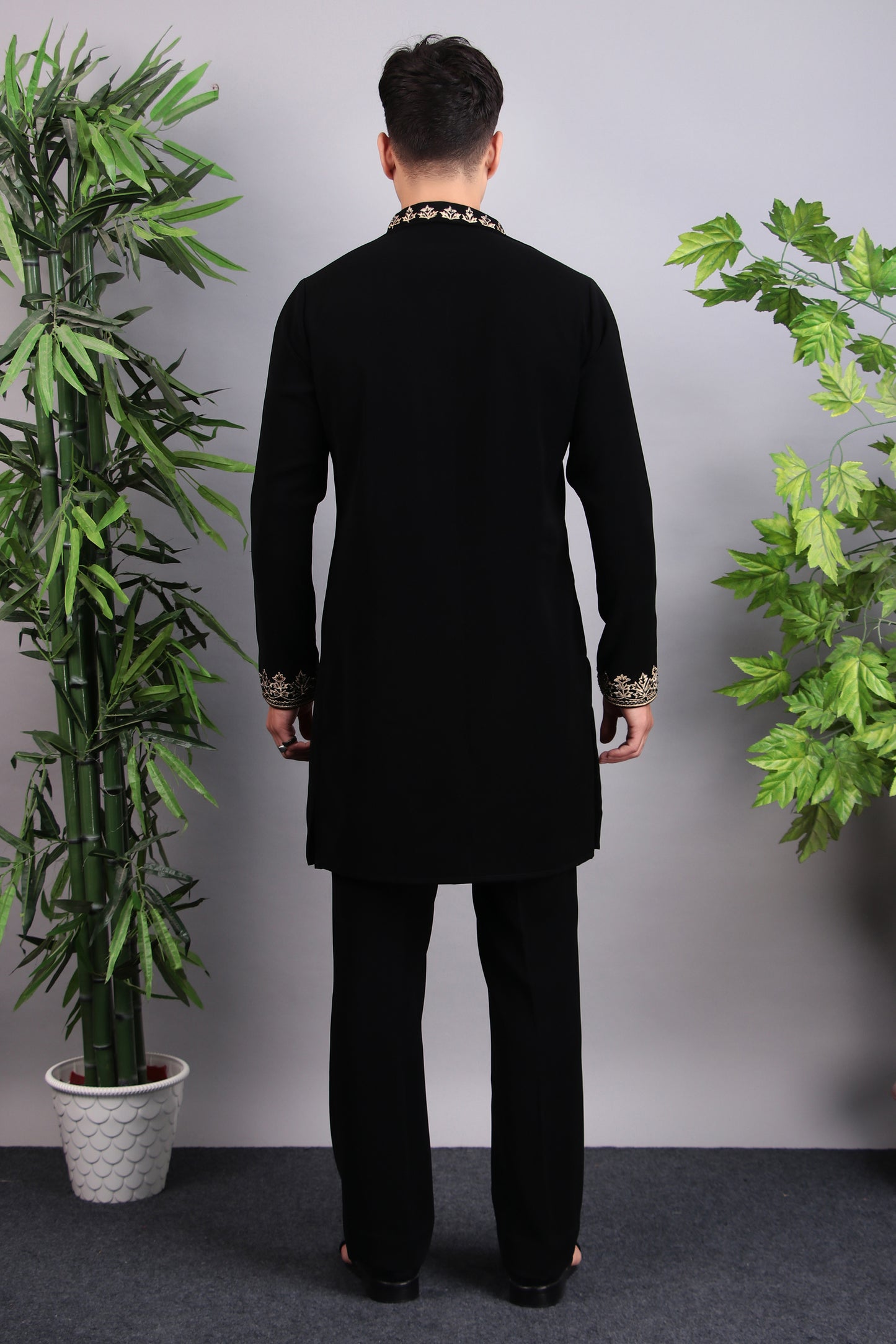 Detail view 1 - Men’s Kurta Set – Korean Wrinkle-Free in Black with Golden Zari Thread Embroidery