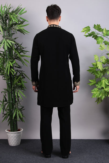 Men’s Kurta Set – Korean Wrinkle-Free in Black with Golden Zari Thread Embroidery | One Man Show