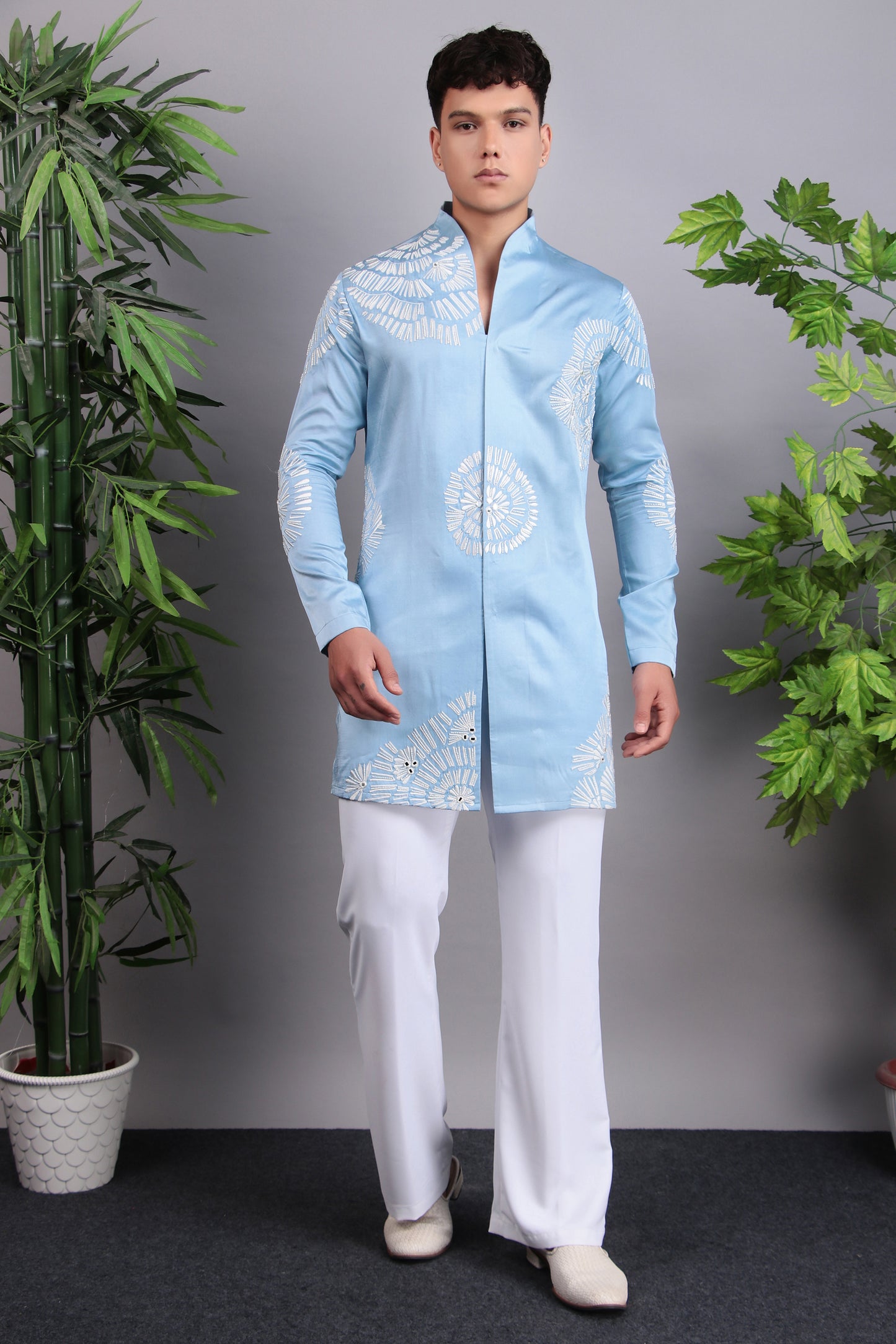 Front view - Men’s Kurta Set – Modal Satin in Blue with Silk Thread Embroidery