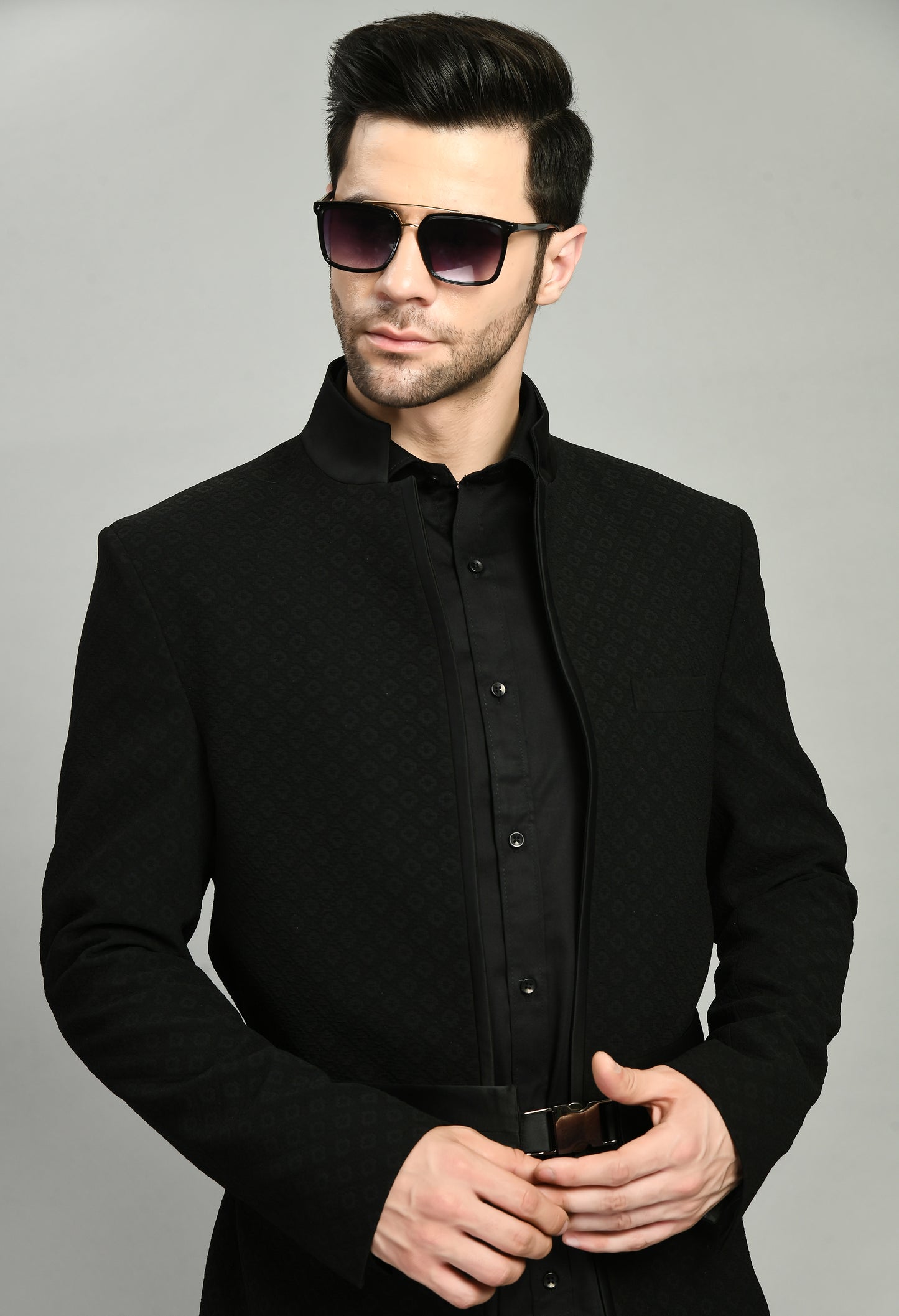 Back view - Men’s Tuxedo – Poly Jaquard in Black with Designer Front Open and Waist Belt
