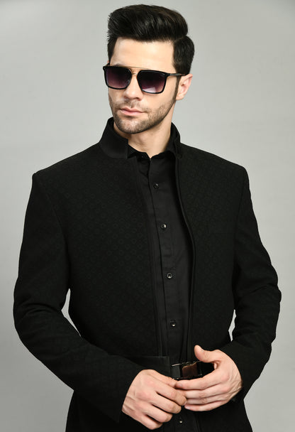 Men’s Tuxedo – Poly Jaquard in Black with Designer Front Open and Waist Belt | One Man Show
