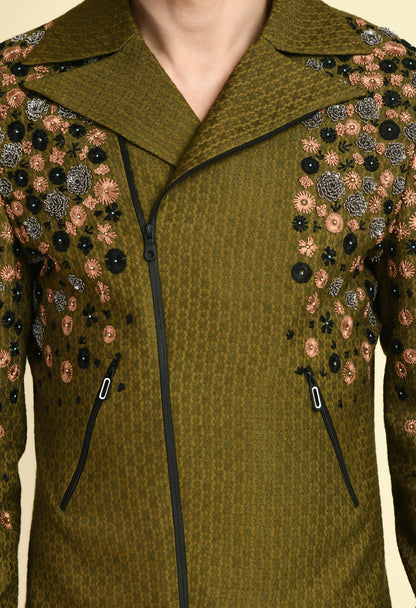 Men’s Biker Jacket – Silk Jaquard in Olive Green with Placement Embroidery | One Man Show