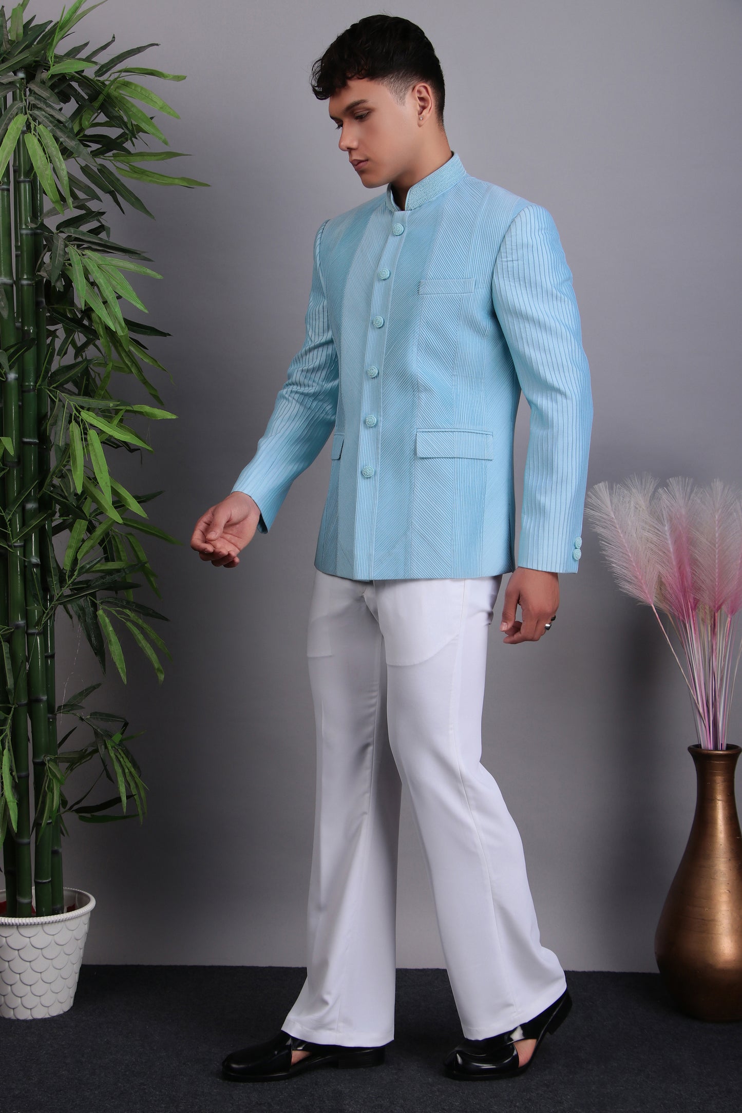 Front view - Men’s Bandhgala – Silk in Blue with Hand Embroidery
