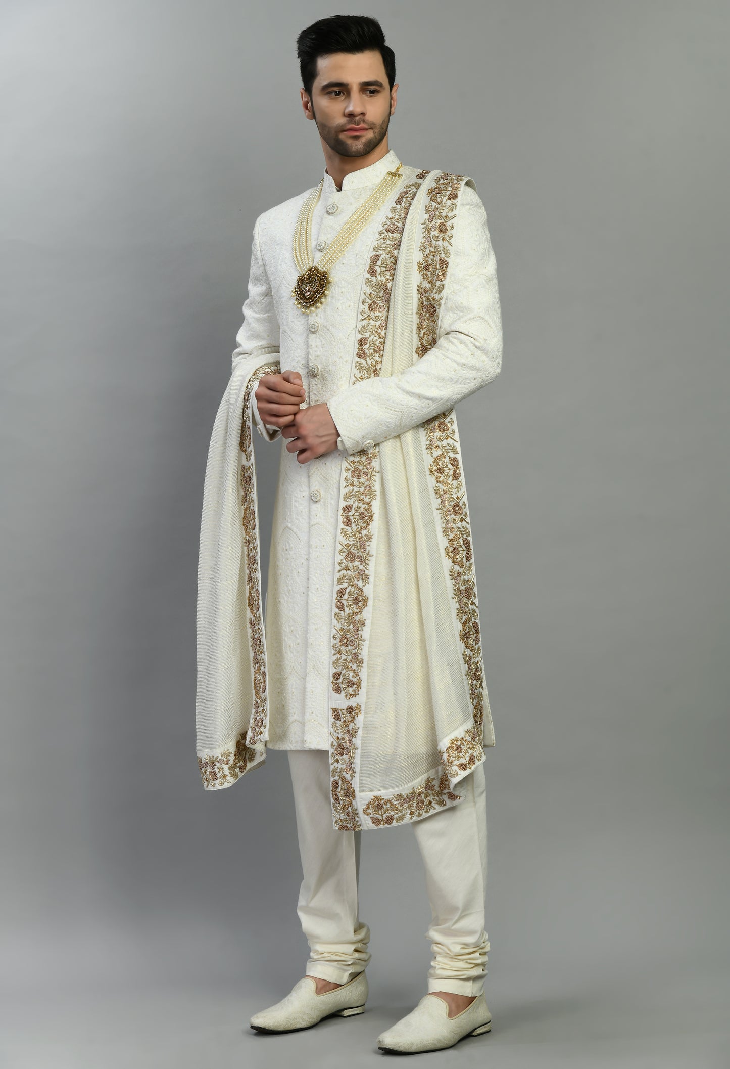 Front view - Men’s Sherwani – Silk in Ivory with Detailed Hand Embroidery Allover