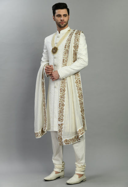 Men’s Sherwani – Silk in Ivory with Detailed Hand Embroidery Allover | One Man Show