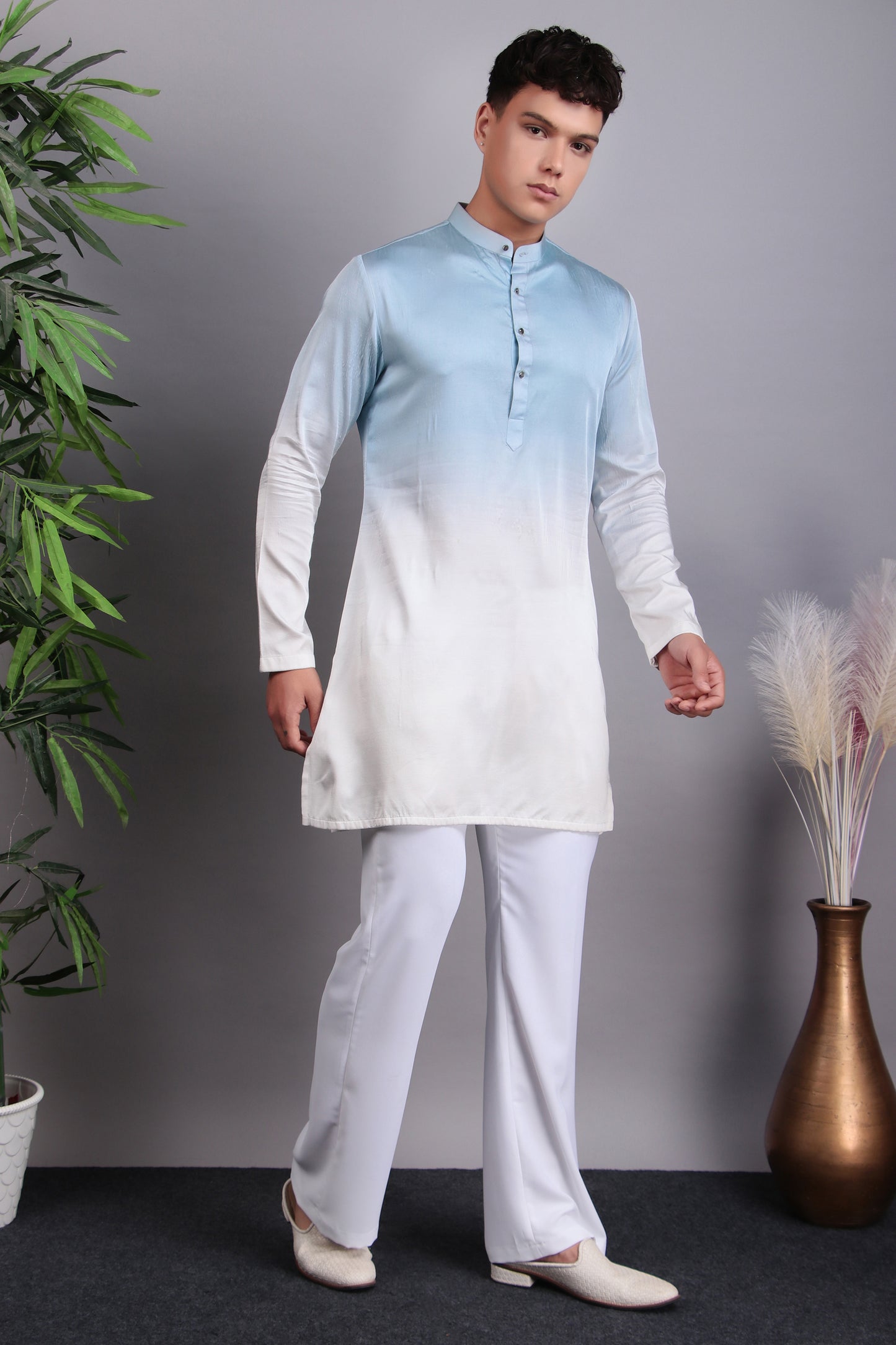 Detail view 3 - Men’s Kurta Set – Georgette Embroidered in Blue with Tie and Die Lapel Design