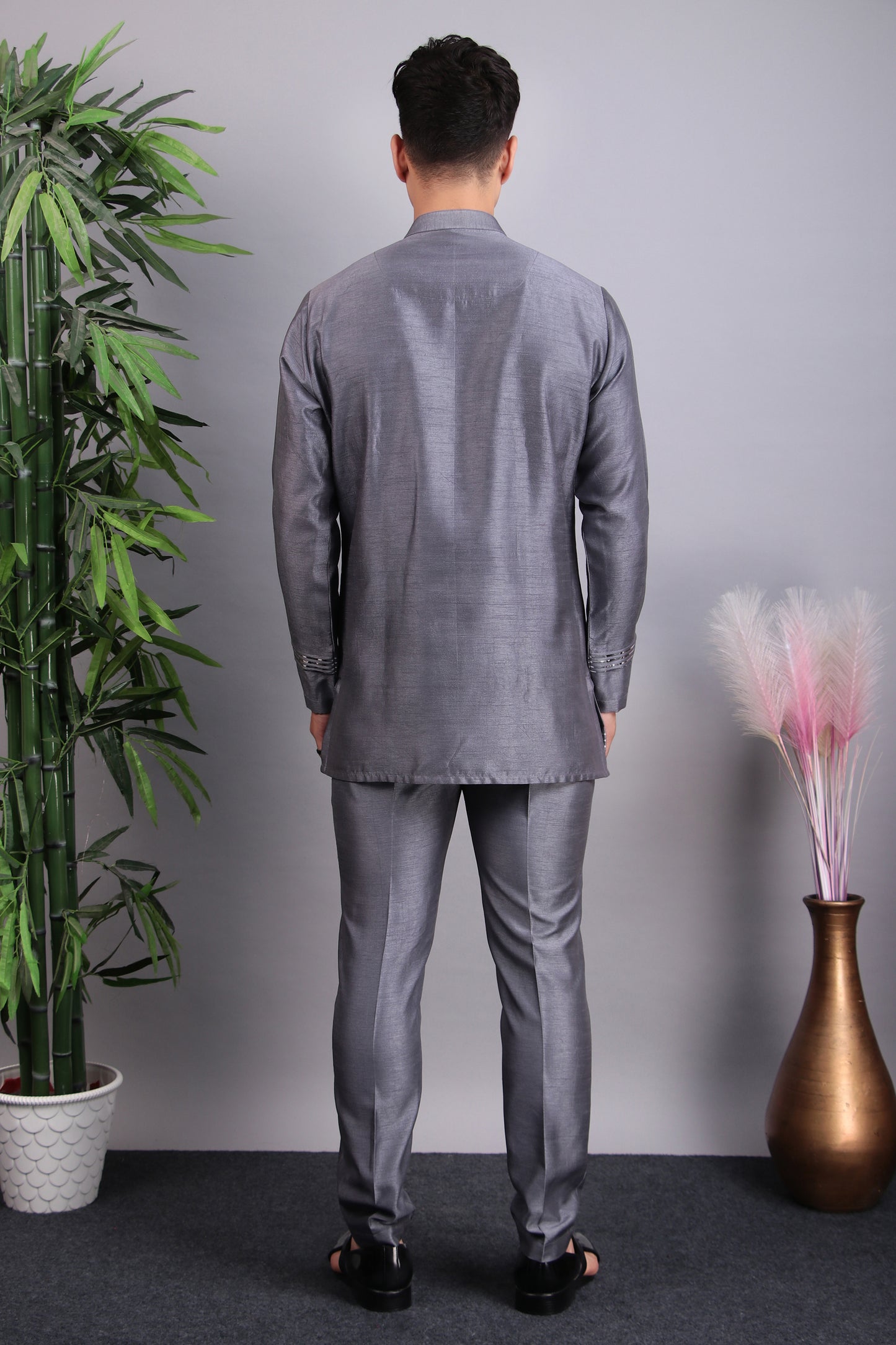 Side view - Men’s Nehru Jacket – Silk Embroidered Fabric in Grey with Multi Color Thread Embroidery