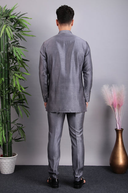 Men’s Nehru Jacket – Silk Embroidered Fabric in Grey with Multi Color Thread Embroidery | One Man Show