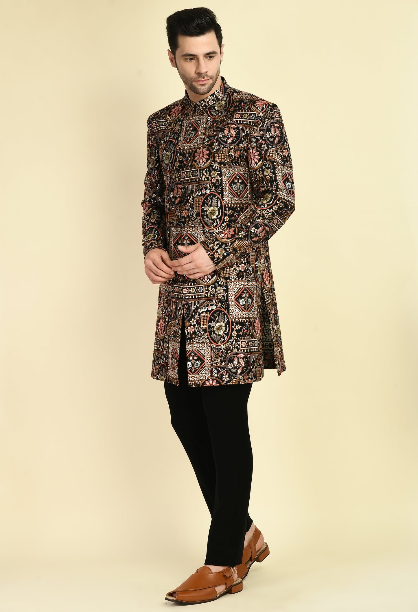 Side view - Men’s Indo-Western – Silk Georgette in Multi Color with Abstract Silk Thread Embroidery