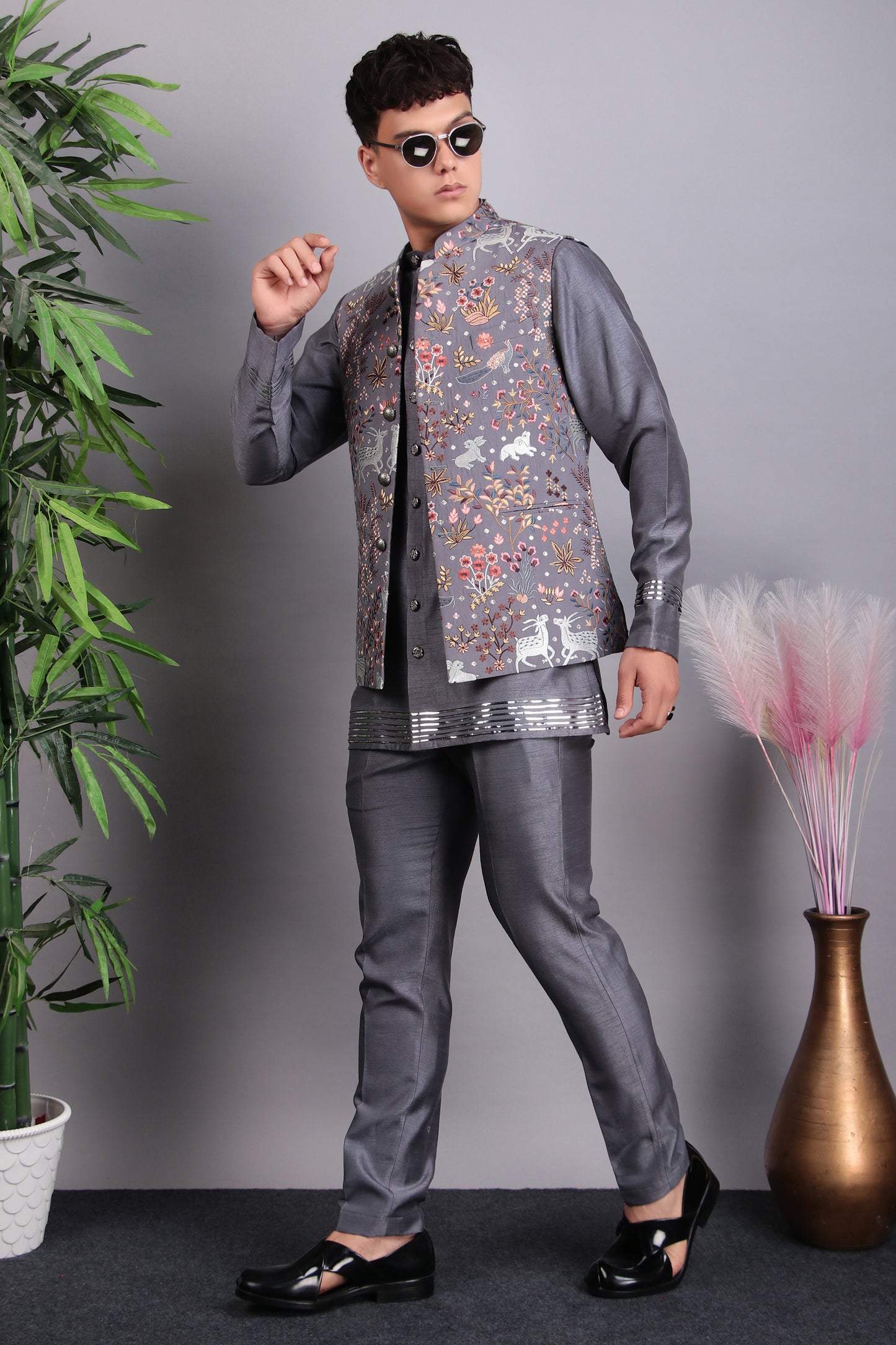 Front view - Men’s Nehru Jacket – Silk Embroidered Fabric in Grey with Multi Color Thread Embroidery