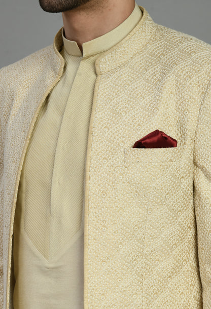 Men’s Indo-Western – Silk Kurta in Cream with Silk Thread Embroidery | One Man Show