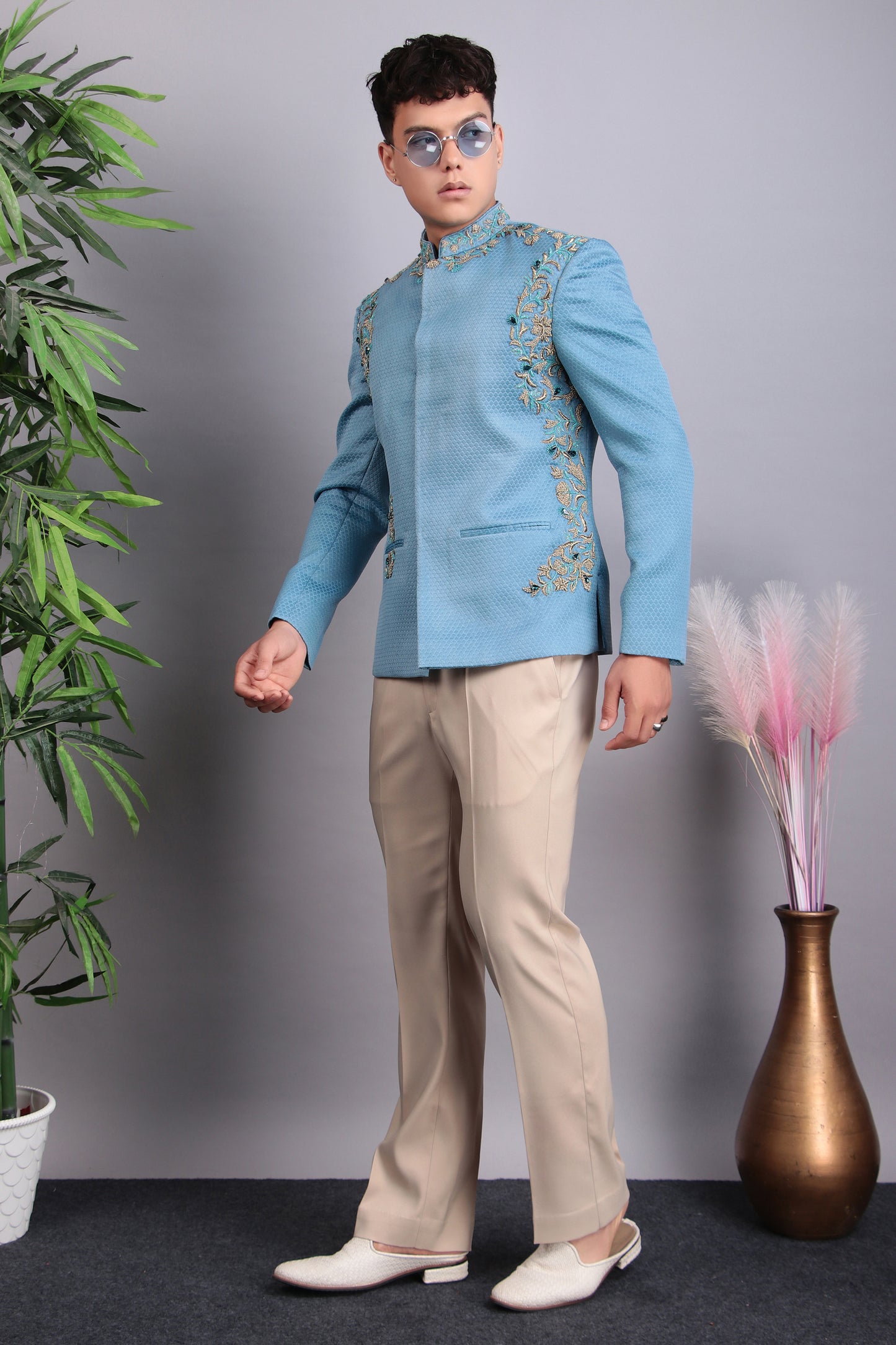 Front view - Men’s Bandhgala – Poly Jaquard in Blue with Hand Embroidery