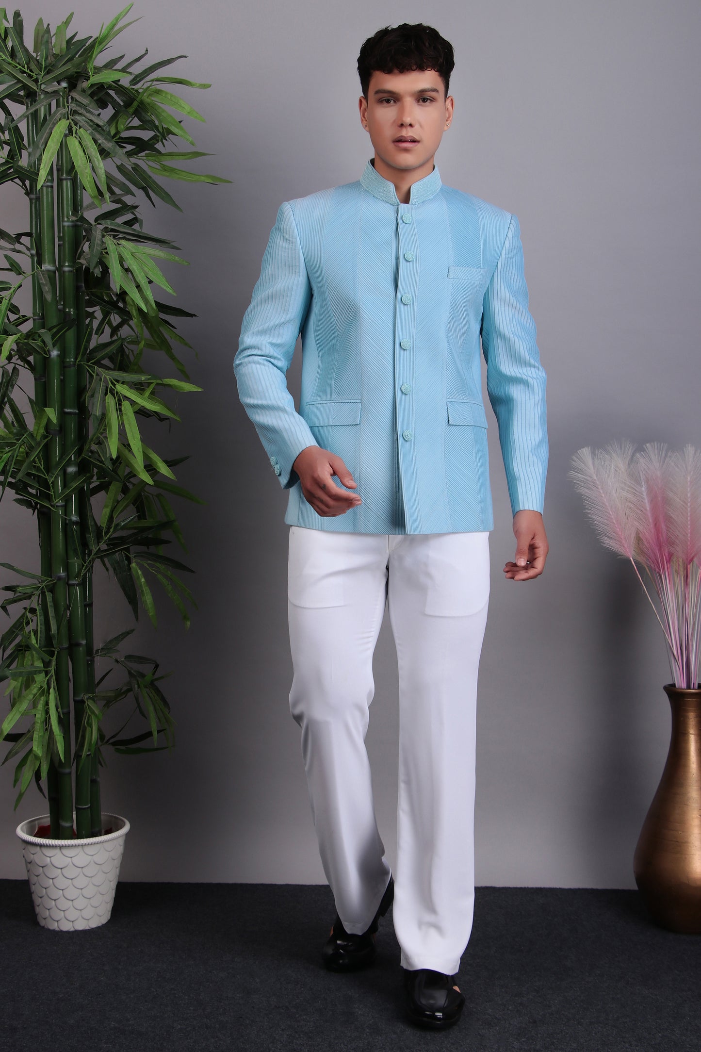 Back view - Men’s Bandhgala – Silk in Blue with Hand Embroidery
