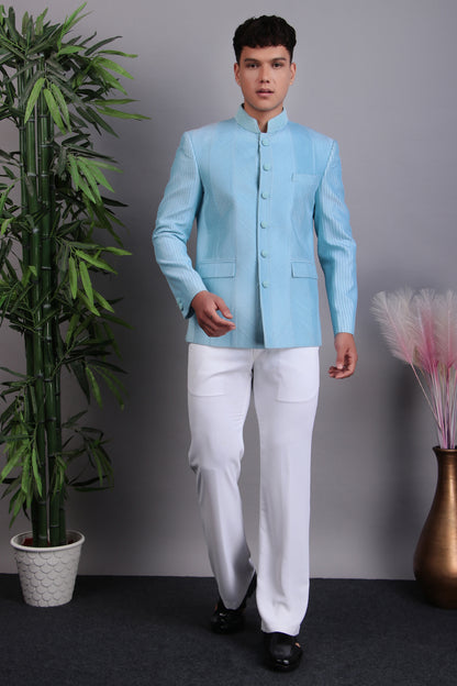Men’s Bandhgala – Silk in Blue with Hand Embroidery | One Man Show