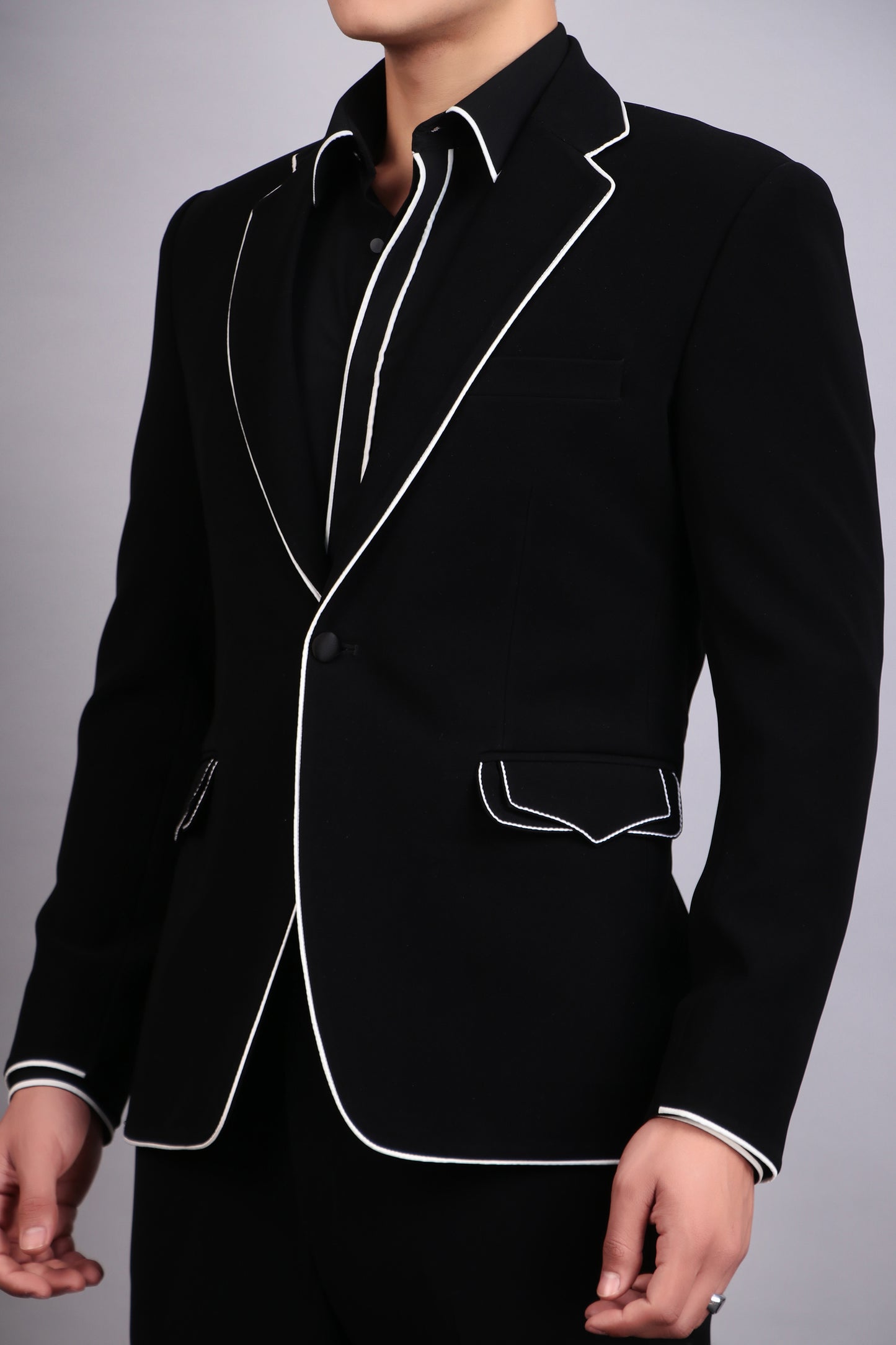 Men’s Tuxedo – Japanese Lycra in Black with White Piping Details | One Man Show
