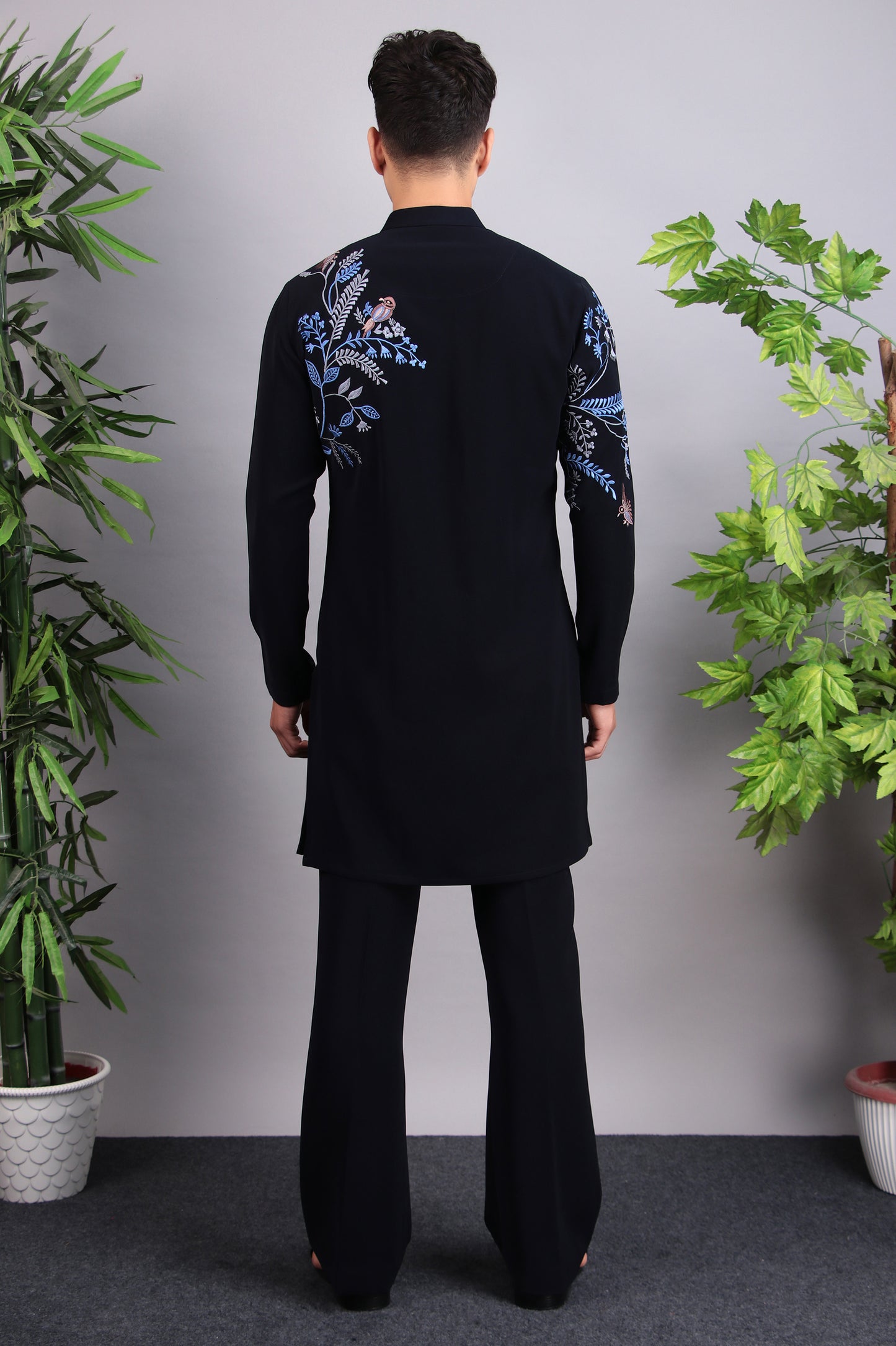 Detail view 1 - Men’s Kurta Set – Japanese Lycra in Blue with Blue Silk Thread Placement Embroidery