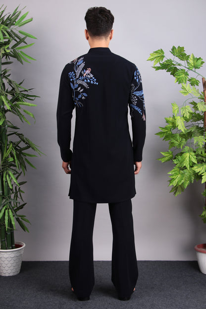 Men’s Kurta Set – Japanese Lycra in Blue with Blue Silk Thread Placement Embroidery | One Man Show