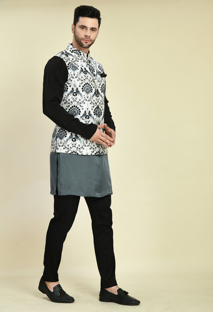 Men’s Nehru Jacket – Silk in Grey with Silk Thread Embroidery | One Man Show