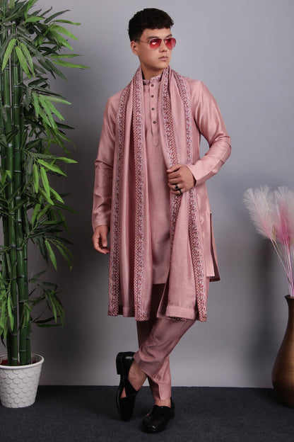 Men’s Kurta Set – Silk in Pink with Silk Thread Hand Embroidery | One Man Show
