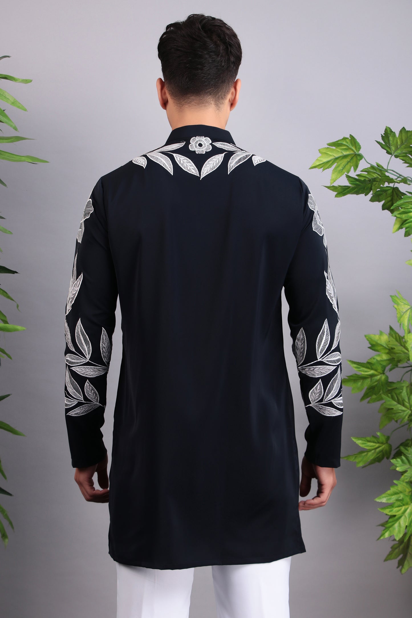 Back view - Men’s Kurta Set – Korean Wrinkle Free in Navy Blue with Silk Thread Embroidery