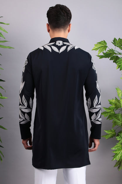Men’s Kurta Set – Korean Wrinkle Free in Navy Blue with Silk Thread Embroidery | One Man Show