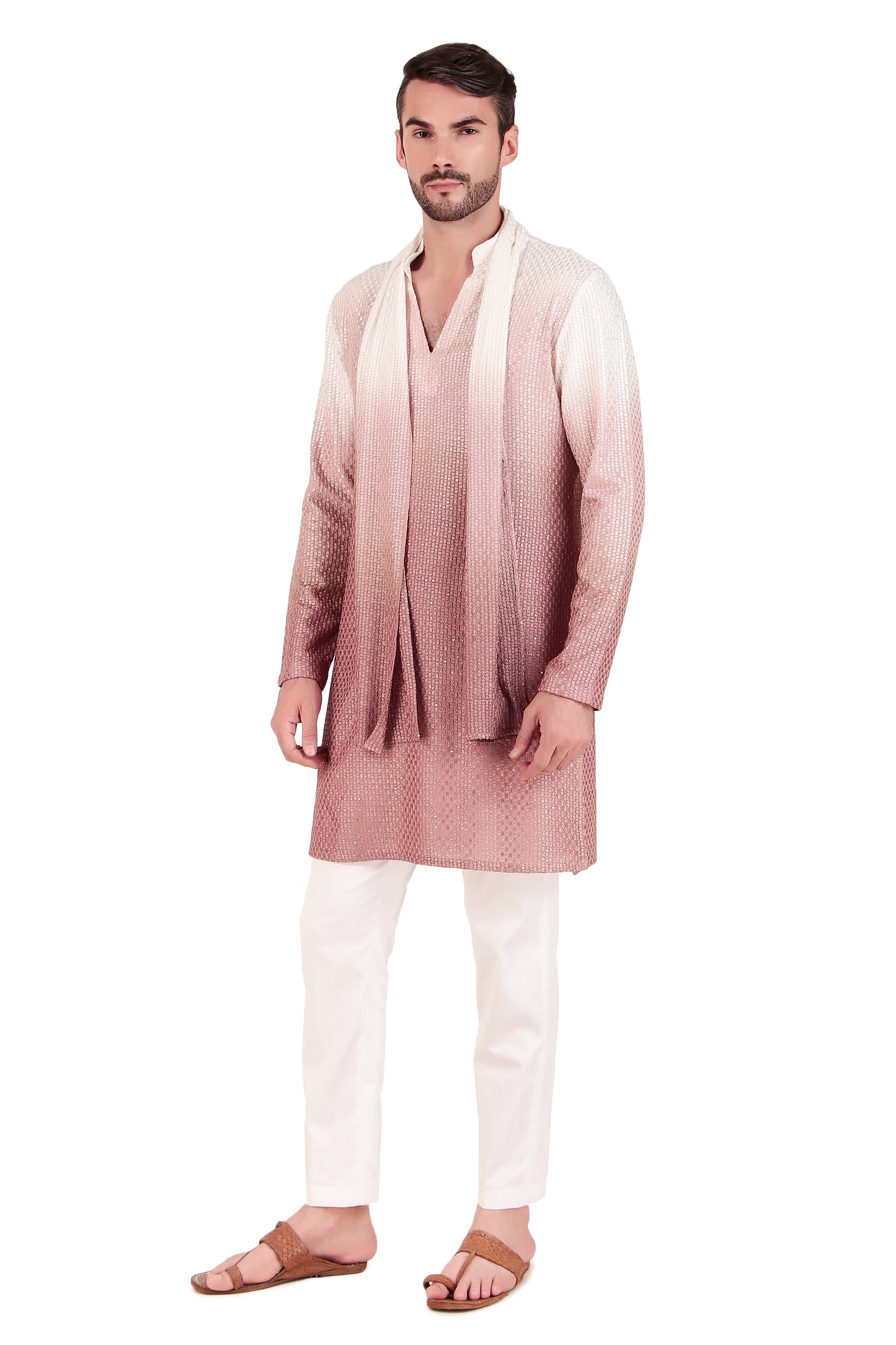 Detail view 1 - Men’s Kurta Set – Silk Georgette Embroidery in Pink with Ombre Dye