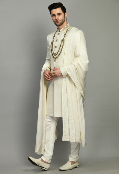 Men’s Sherwani – Silk in Ivory with Detailed Hand Embroidery Allover | One Man Show
