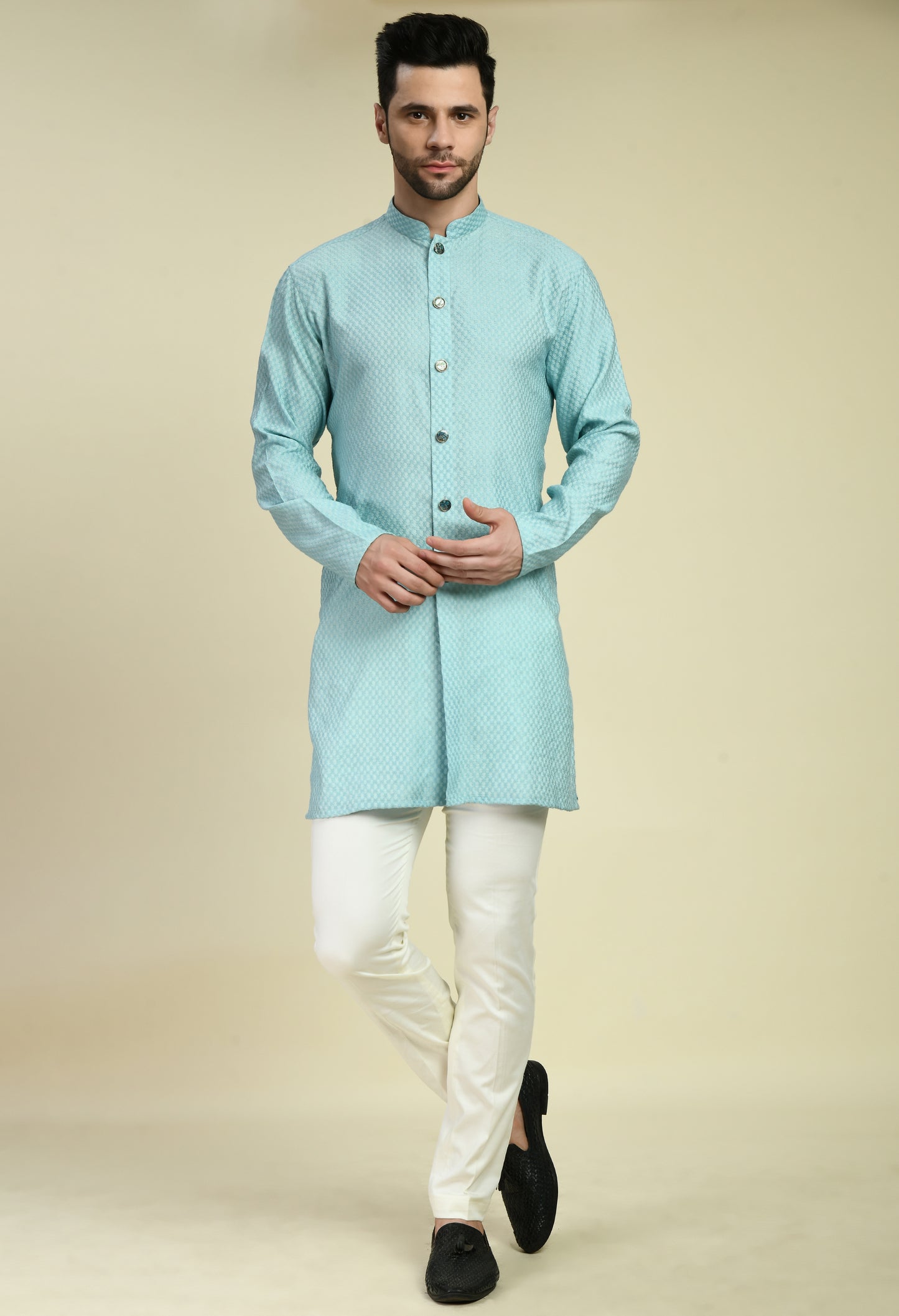 Side view - Men’s Indo-Western – Silk Georgette in Blue with Thread Embroidery
