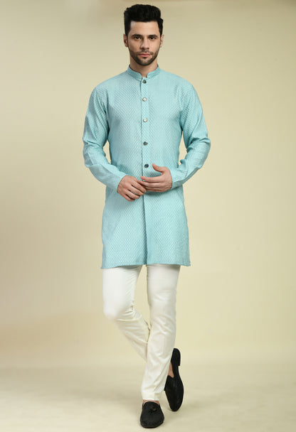 Men’s Indo-Western – Silk Georgette in Blue with Thread Embroidery | One Man Show