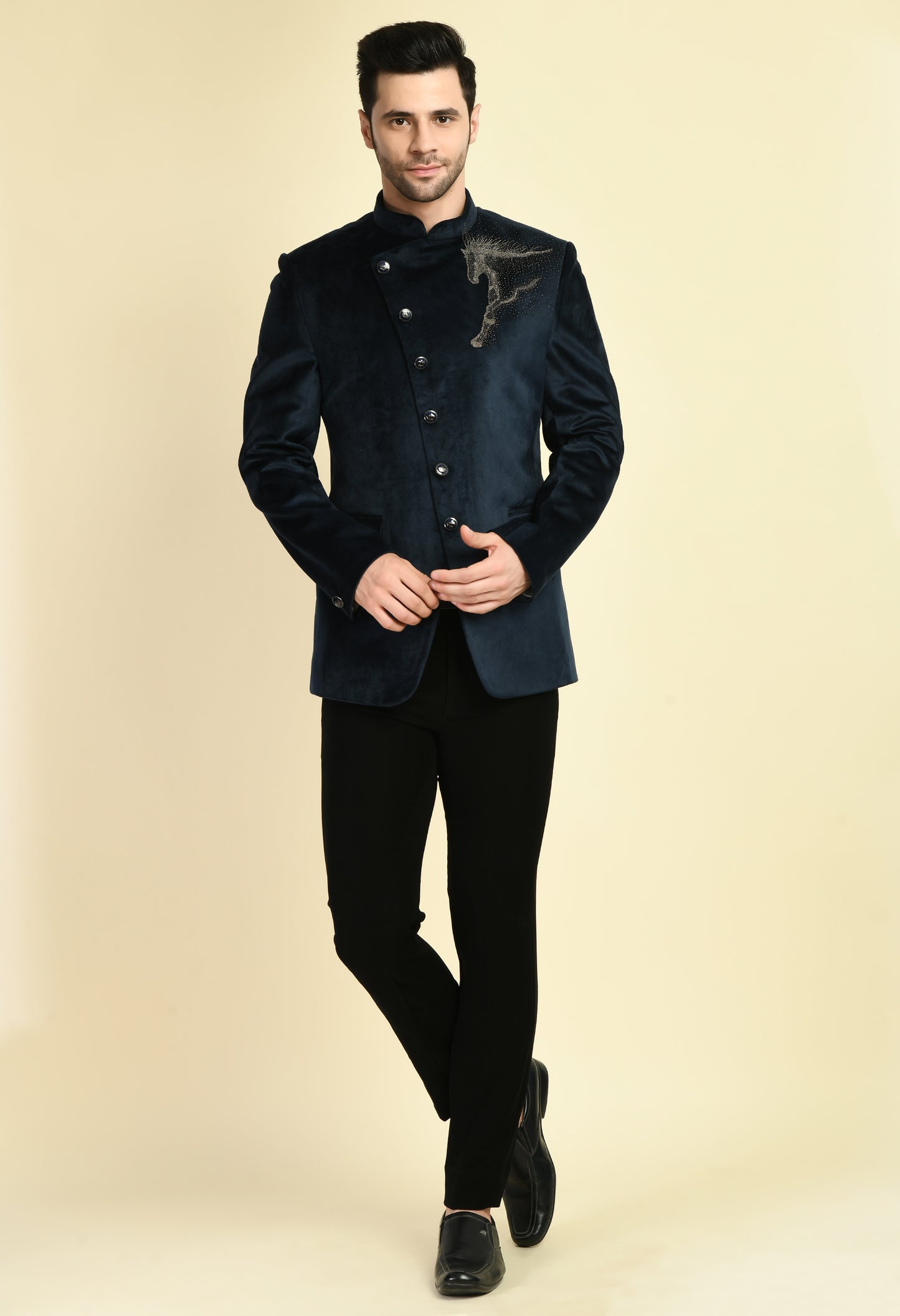Front view - Men’s Bandhgala – Suede Velvet in Navy Blue with Shoulder Placement Embroidery