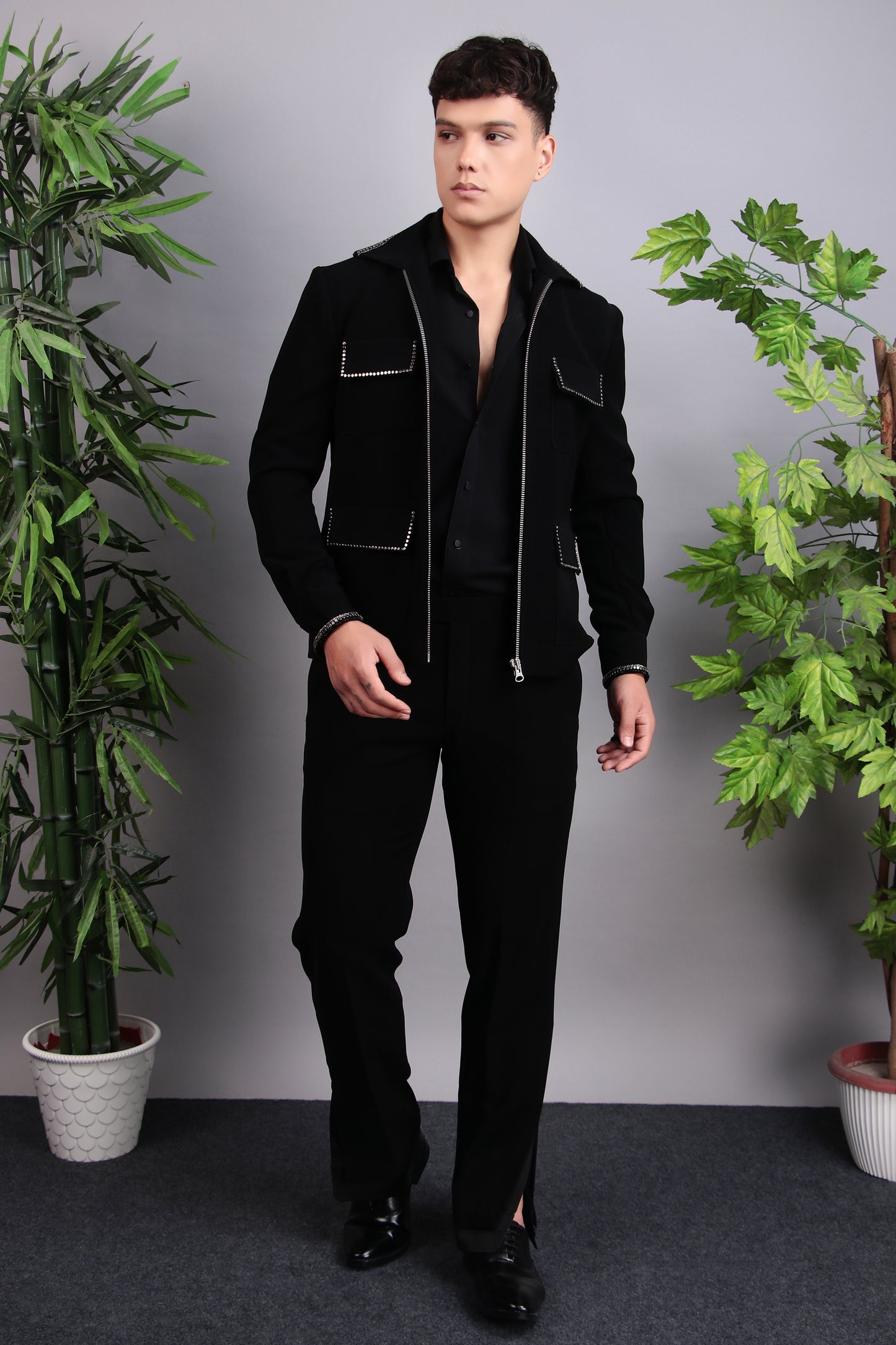 Front view - Men’s Tuxedo – Japanese Lycra in Black with Hand Embroidery