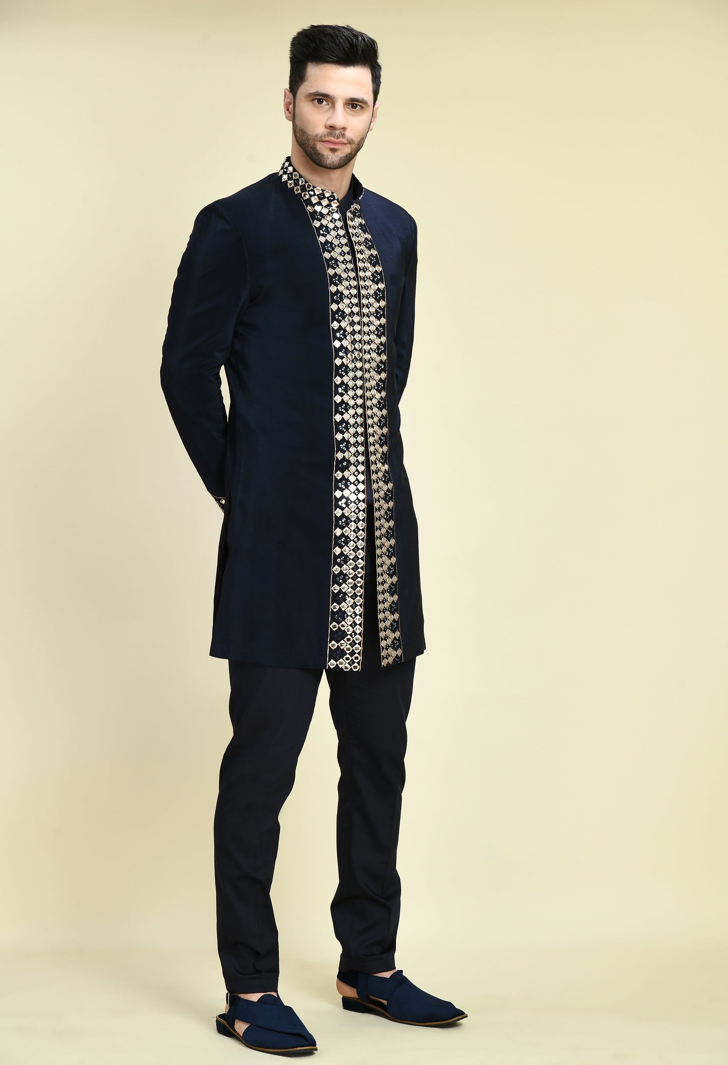 Detail view 2 - Men’s Indo-Western – Silk Crepe in Navy Blue with Mirror Work Embroidery