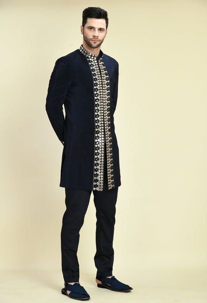 Men’s Indo-Western – Silk Crepe in Navy Blue with Mirror Work Embroidery | One Man Show