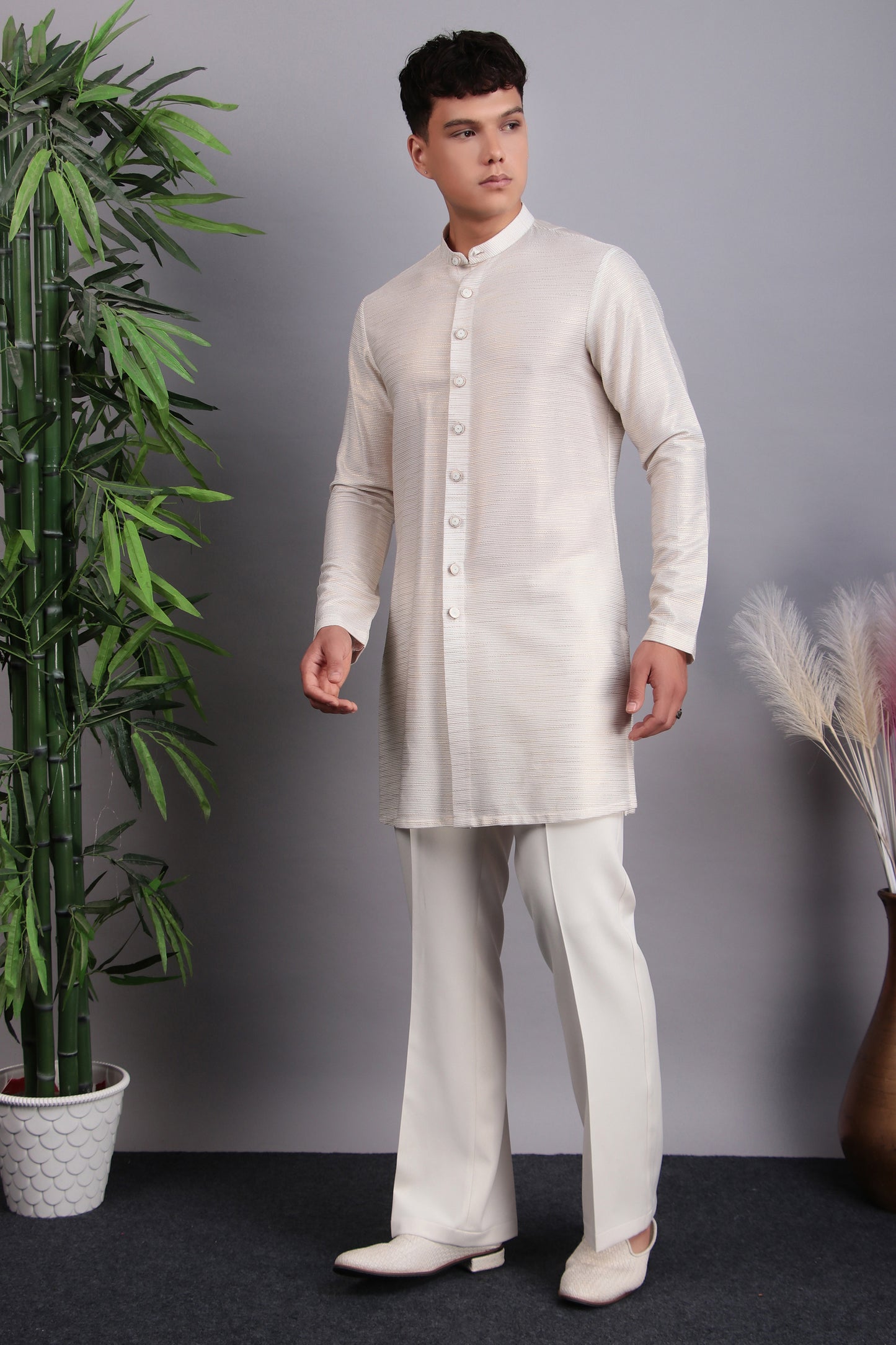 Detail view 4 - Men’s Indo-Western – Georgette Kurta in Ivory with Hand Embroidery
