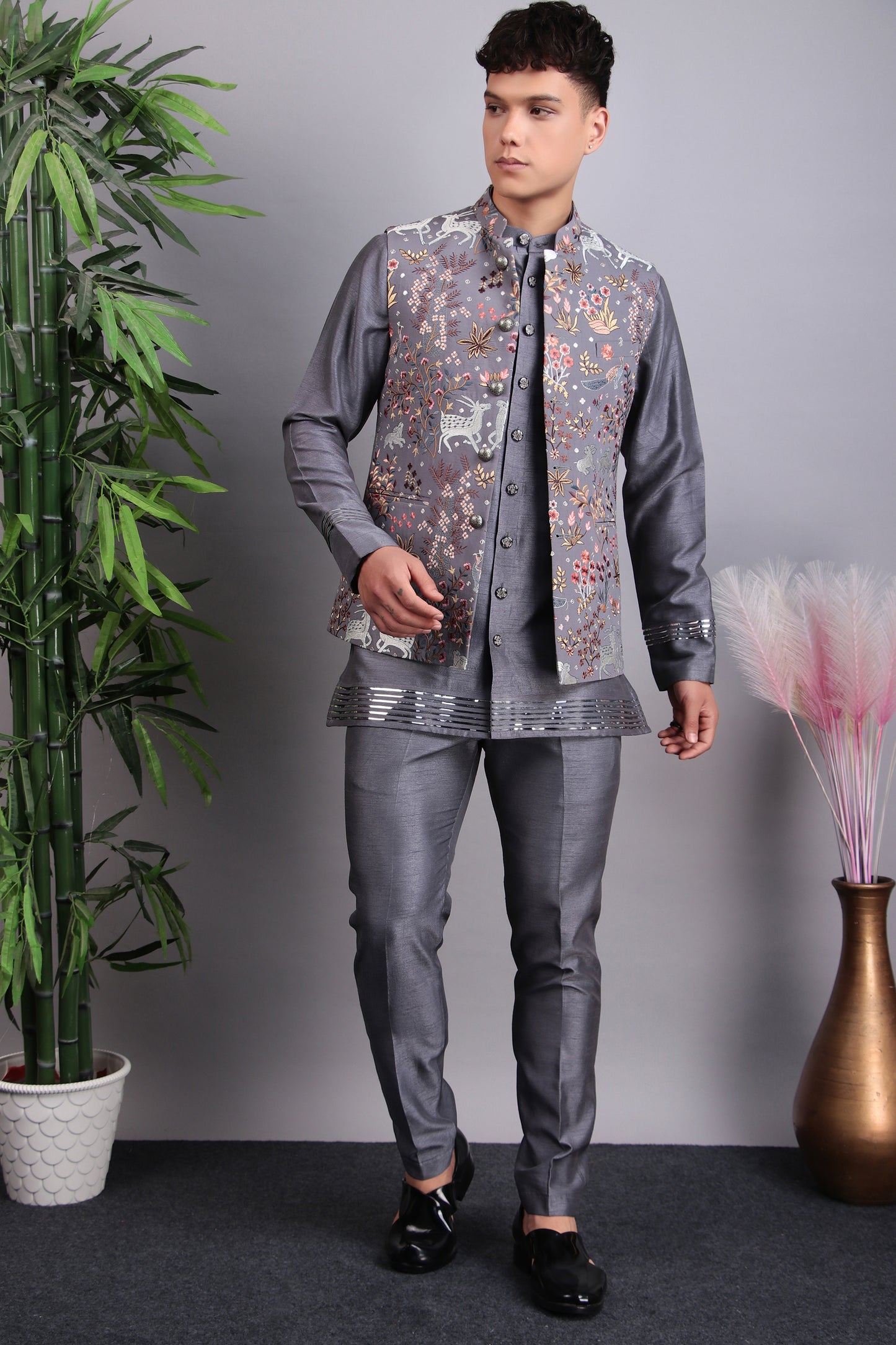 Detail view 3 - Men’s Nehru Jacket – Silk Embroidered Fabric in Grey with Multi Color Thread Embroidery