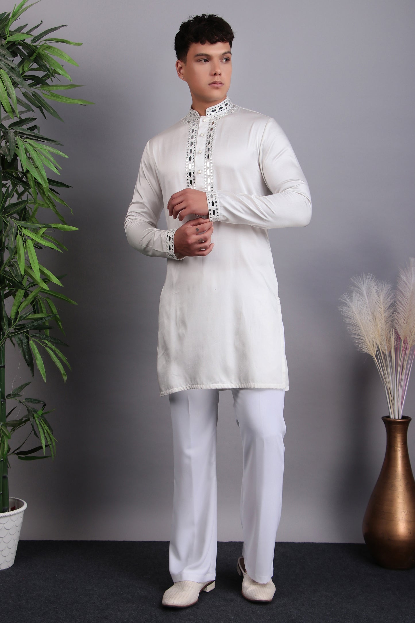 Detail view 1 - Men’s Kurta Set – Modal Satin in Blue with Tie and Dye & Silk Thread Embroidery