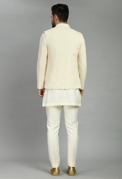 Men’s Nehru Jacket – Silk Georgette in Cream with Thread and Sequins Embroidery | One Man Show