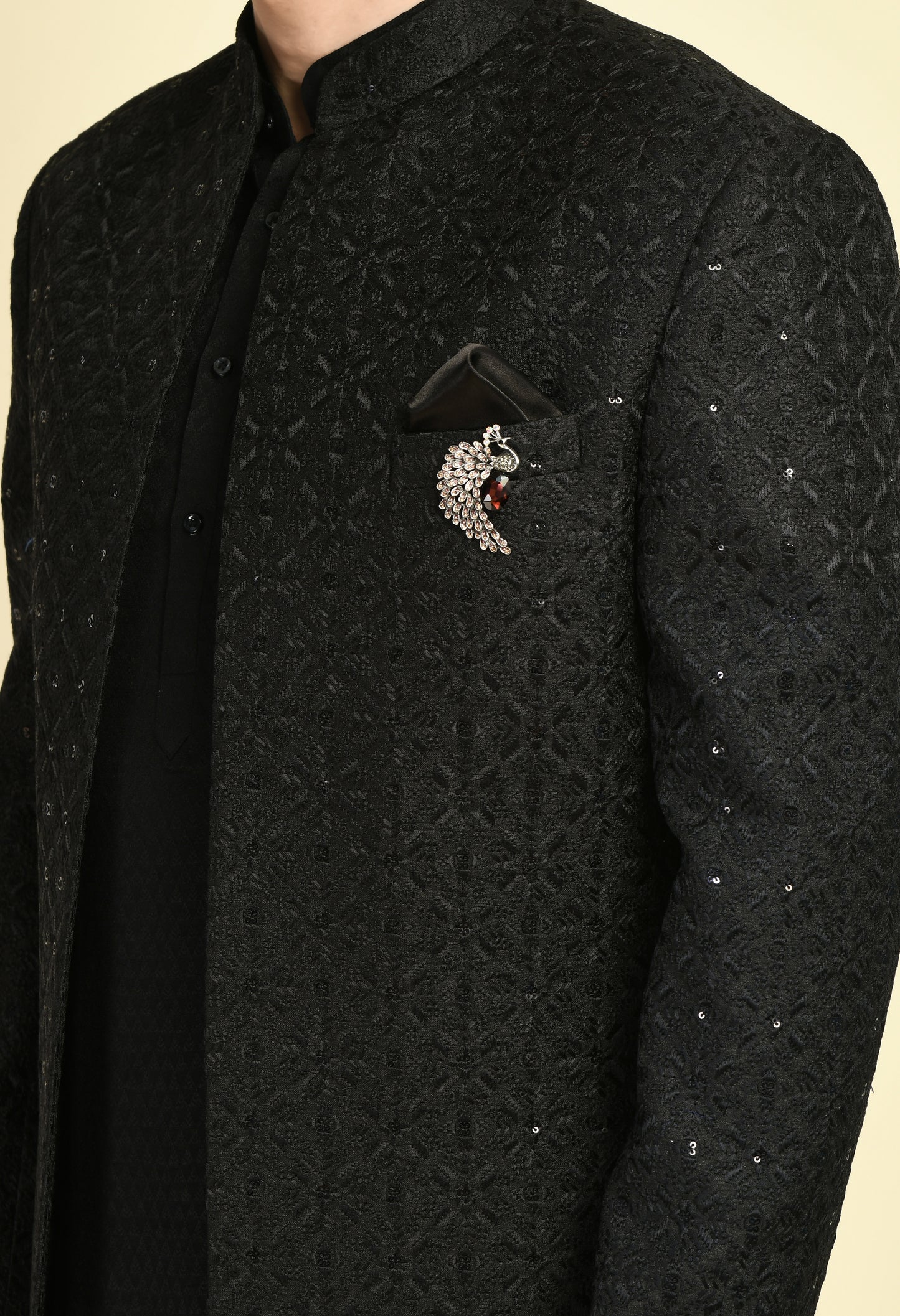 Detail view 1 - Men’s Indo-Western – Silk Georgette in Black with Front Open Self Sequins Embroidery