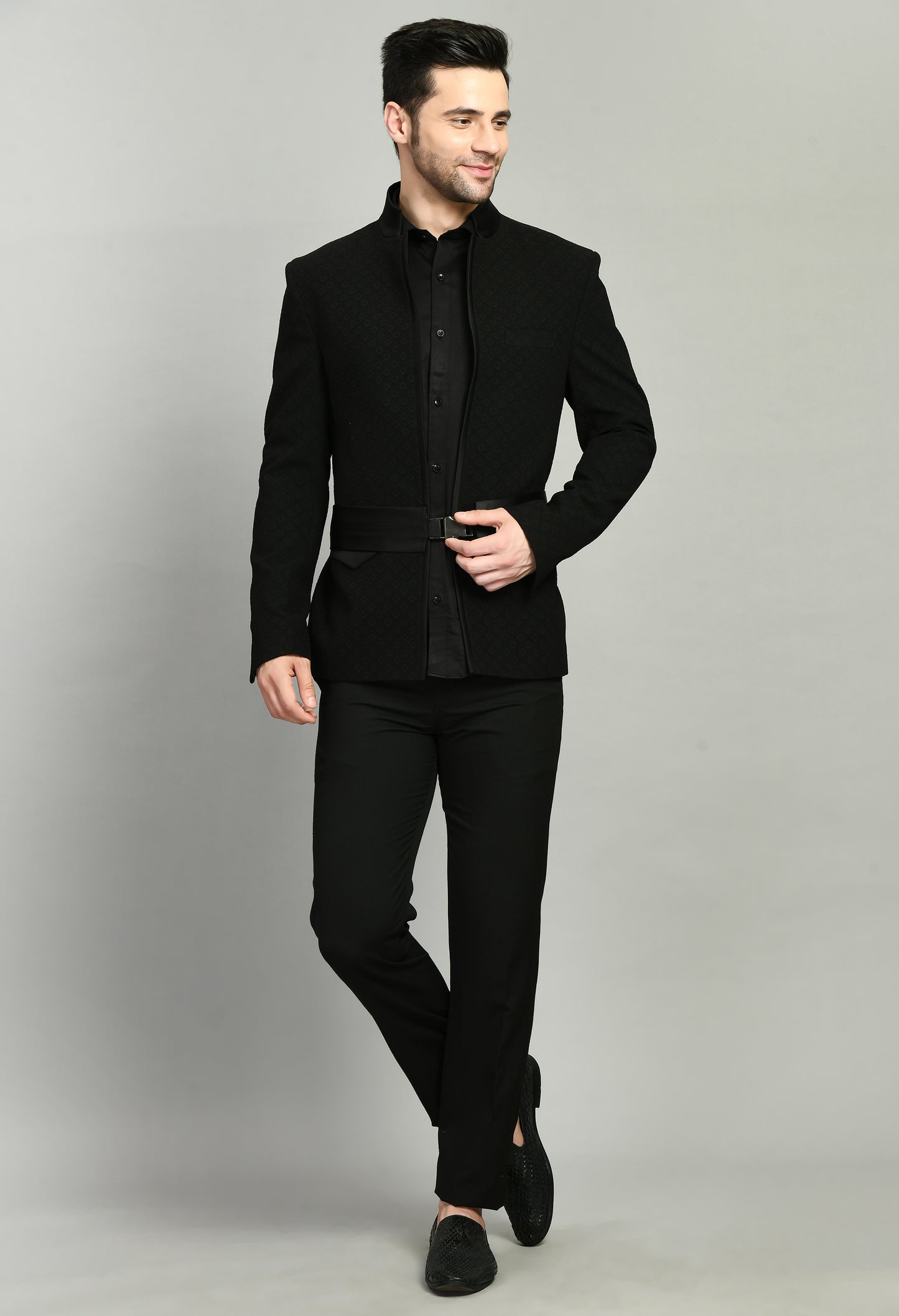 Detail view 3 - Men’s Tuxedo – Poly Jaquard in Black with Designer Front Open and Waist Belt