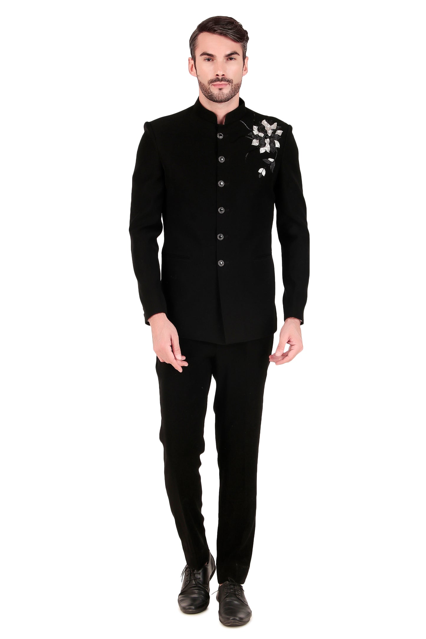 Front view - Men’s Bandhgala – Japanese Lycra in Black with Shoulder Placement Embroidery