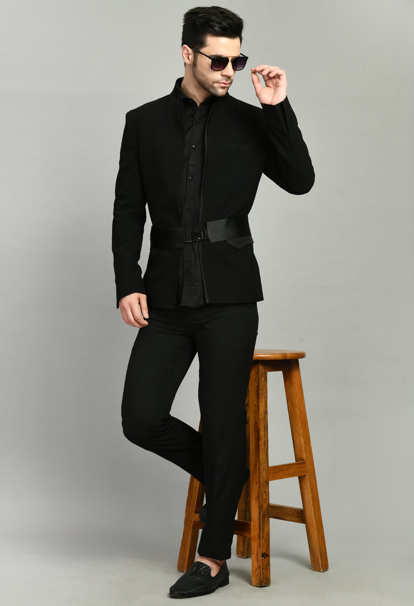 Side view - Men’s Tuxedo – Poly Jaquard in Black with Designer Front Open and Waist Belt