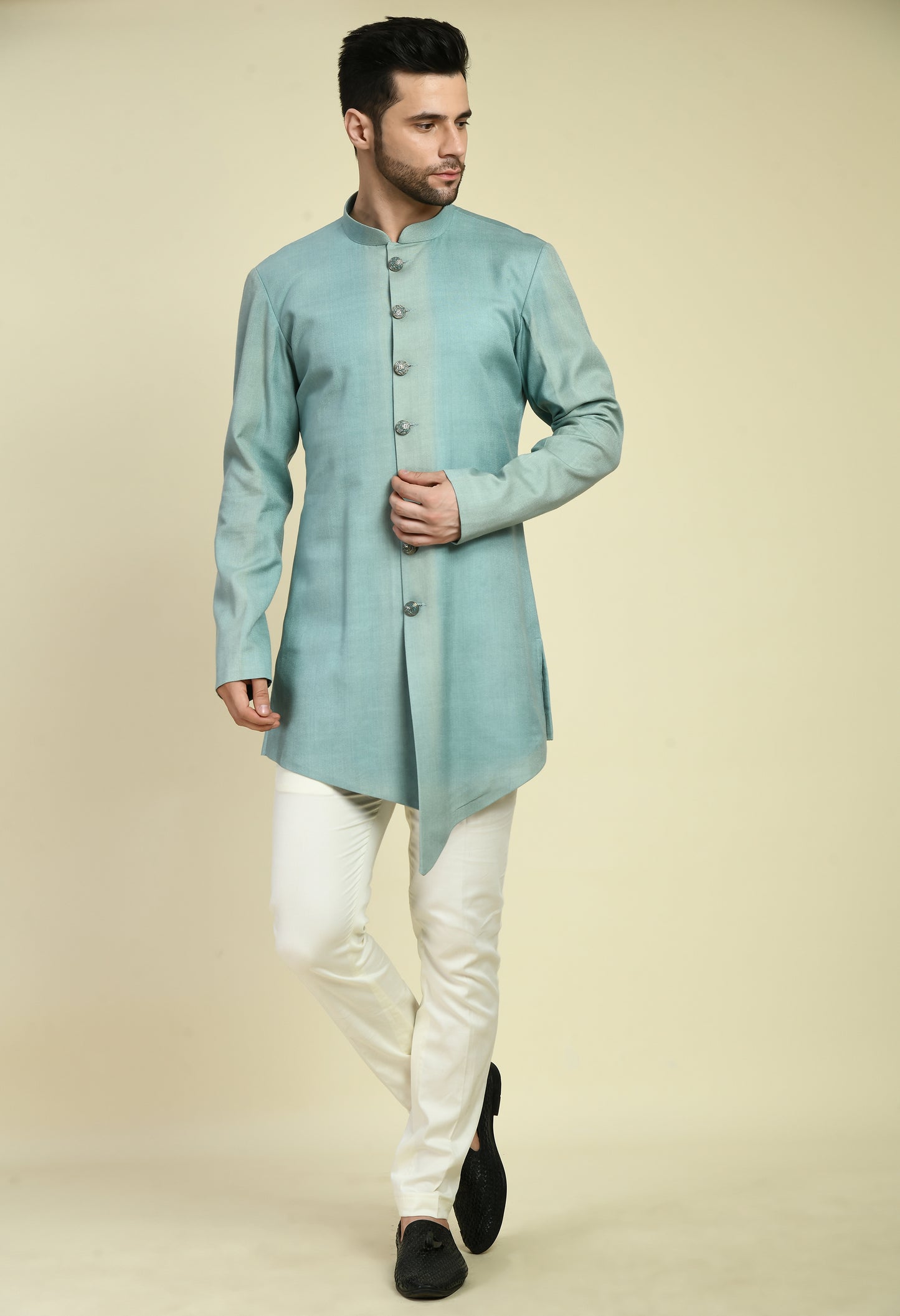 Side view - Men’s Nehru Jacket – Silk in Blue with Front Open Printed Jacket